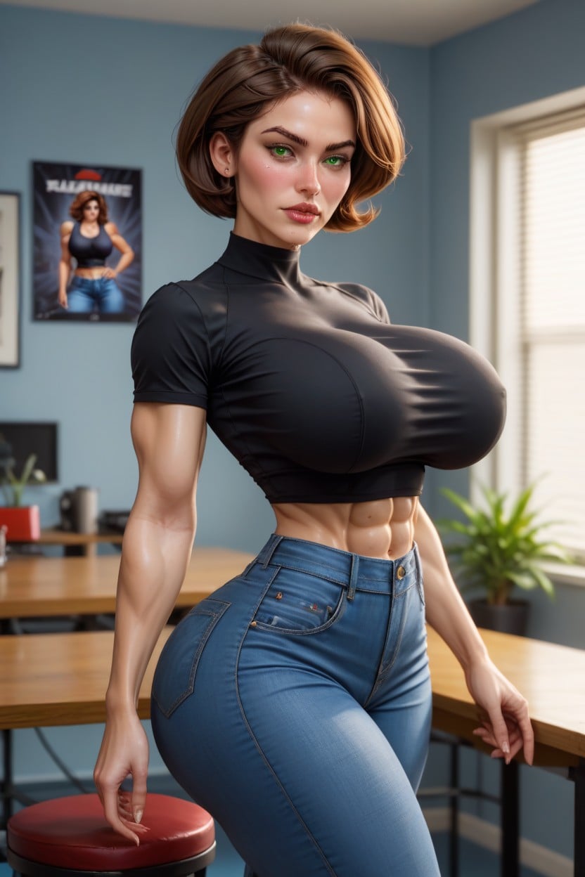Wide Pronounced Hips, Thick Muscular Body, Large Round Perky Fake Breasts AI Porn