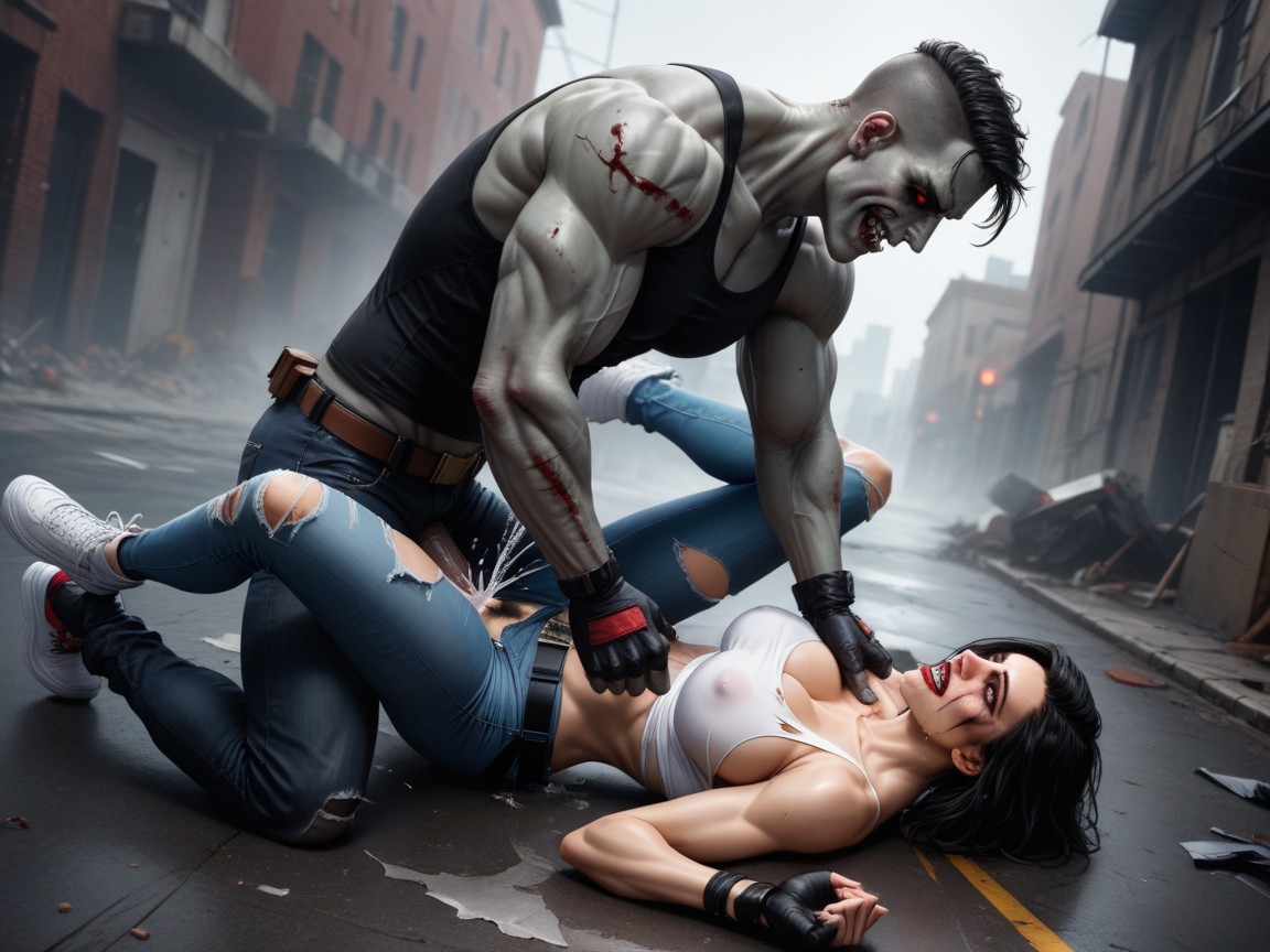 Heroine In A Dark, Ripped Clothes , Wearing A Worn Black Leather Jacket AI Porn