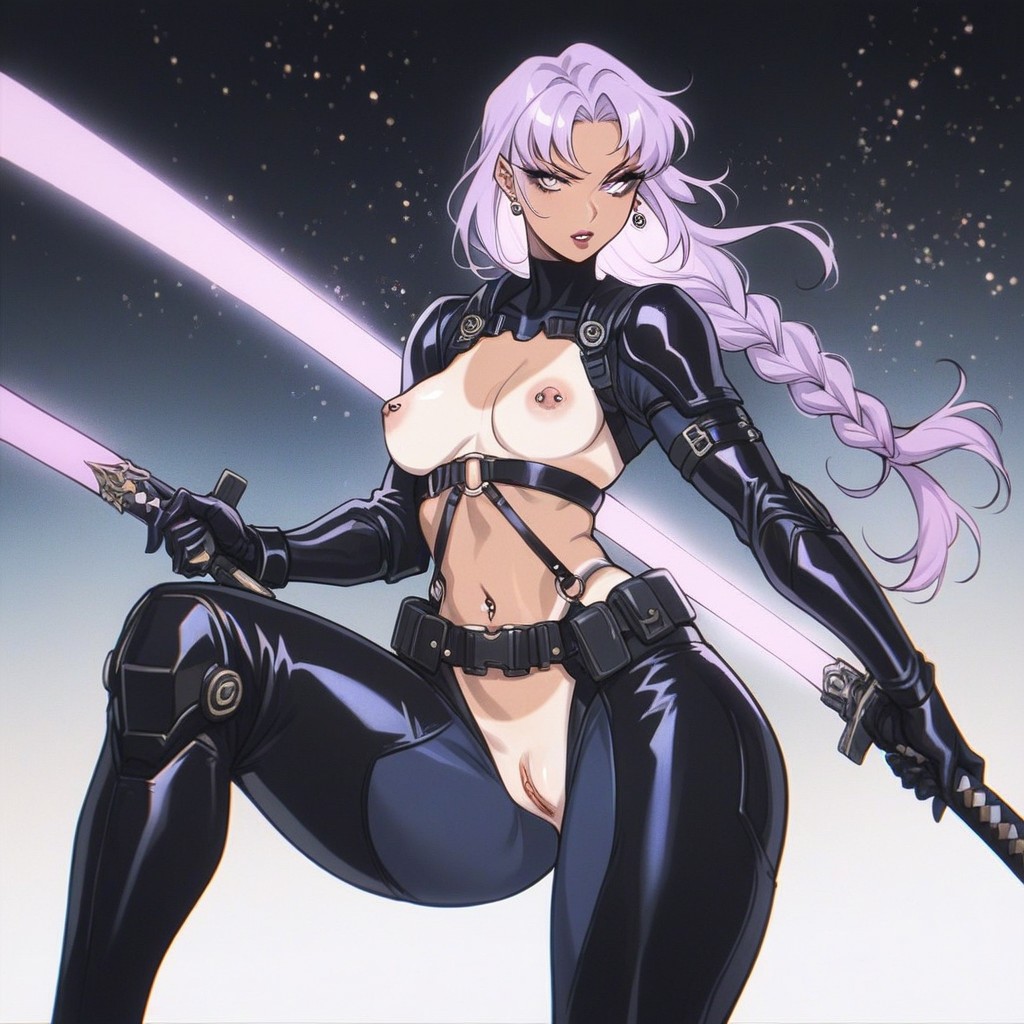 Sharp Coiled Bangs, Glowing Katana Sword, Energy Particles Hentai AI Porn