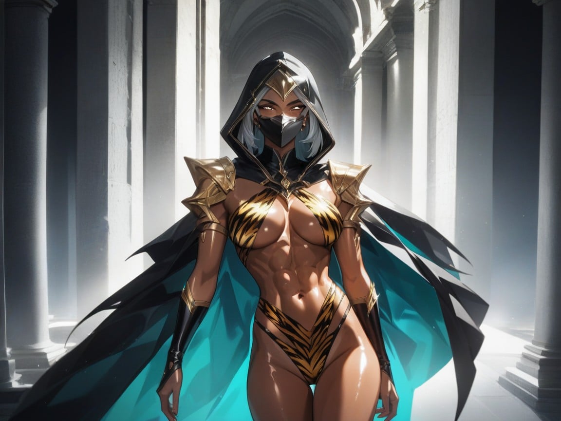 Golden Brown Tan Skin, Vibrant Saturated Colors, Soft Neon Silver Light On Body AI Porn