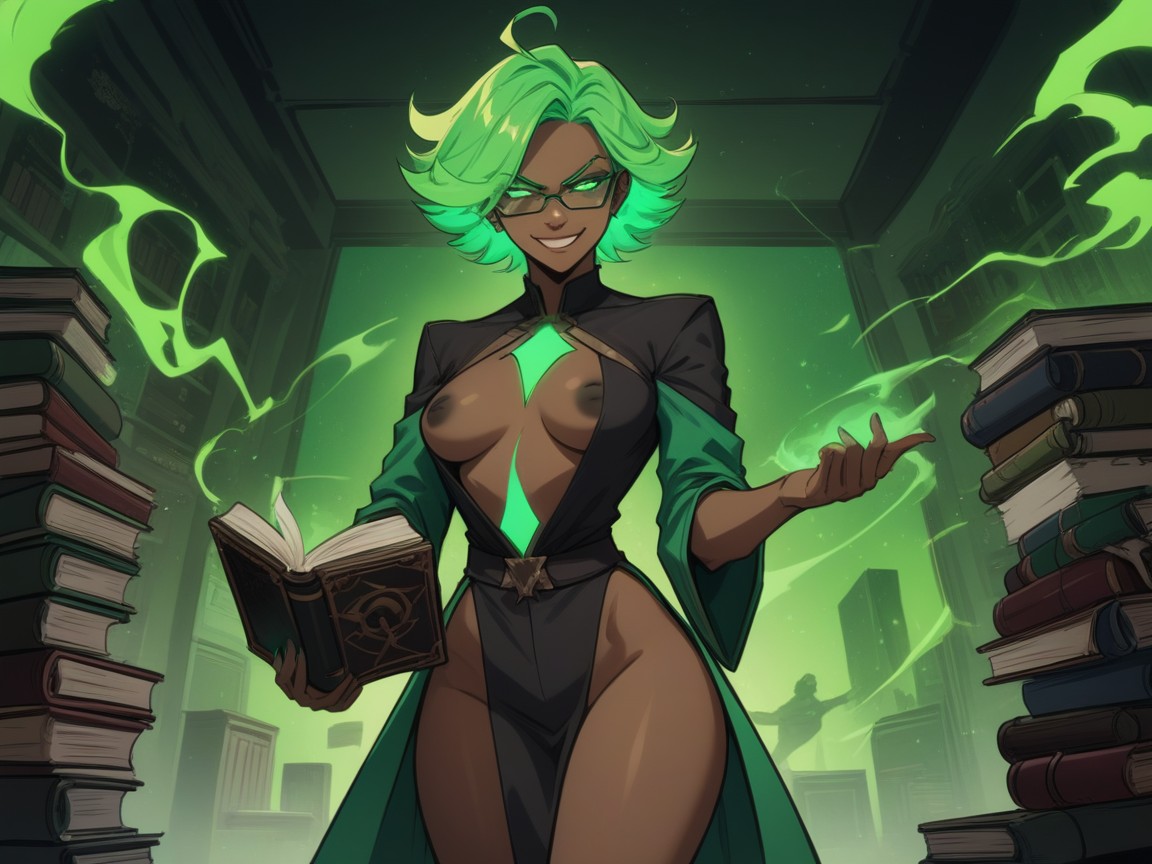 Green Eyes, Neon Green Glasses, Robe Fallen To Her Waist Latina AI Porn