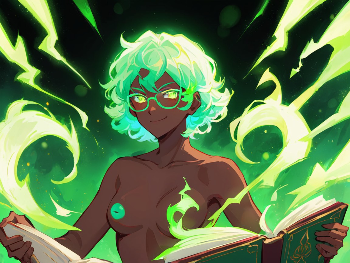 Focus On Book, Squared Abdomen, Neon Green Silhouette Hentai AI Porn
