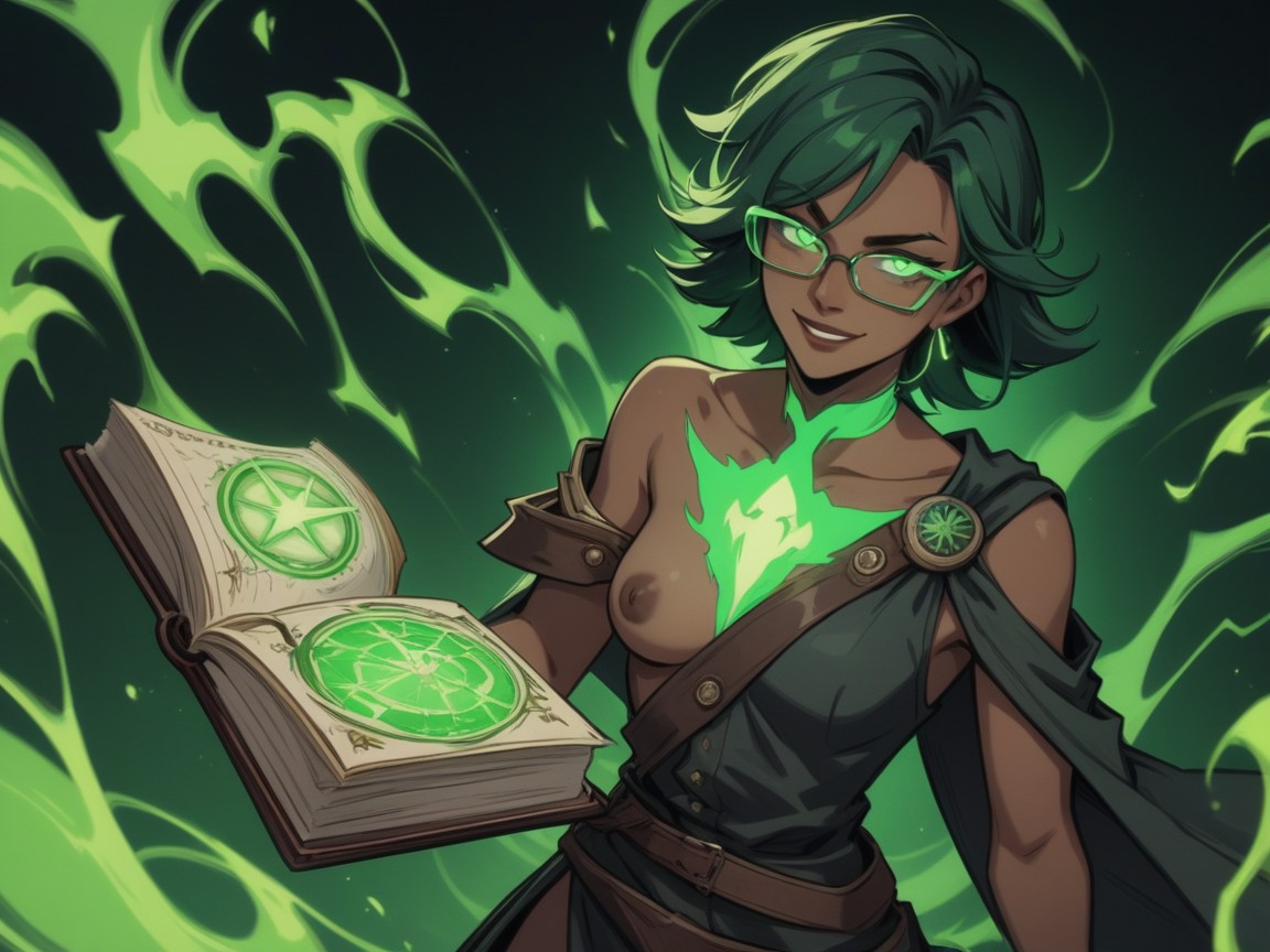 One Woman, Book In Womans Hands, Green Arcane Background Porno latina IA