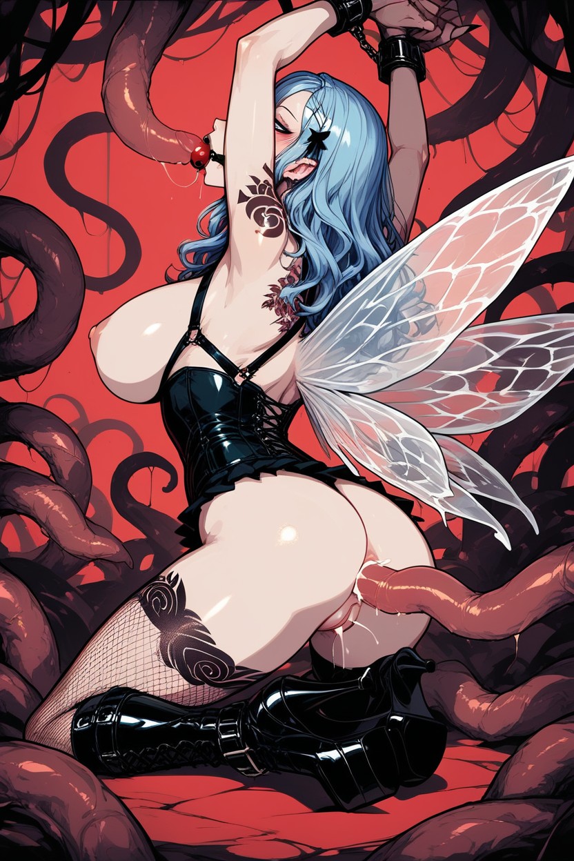 Black Corset With Blue Details, Blue Eyes, Arms Up Hentai AI Porn