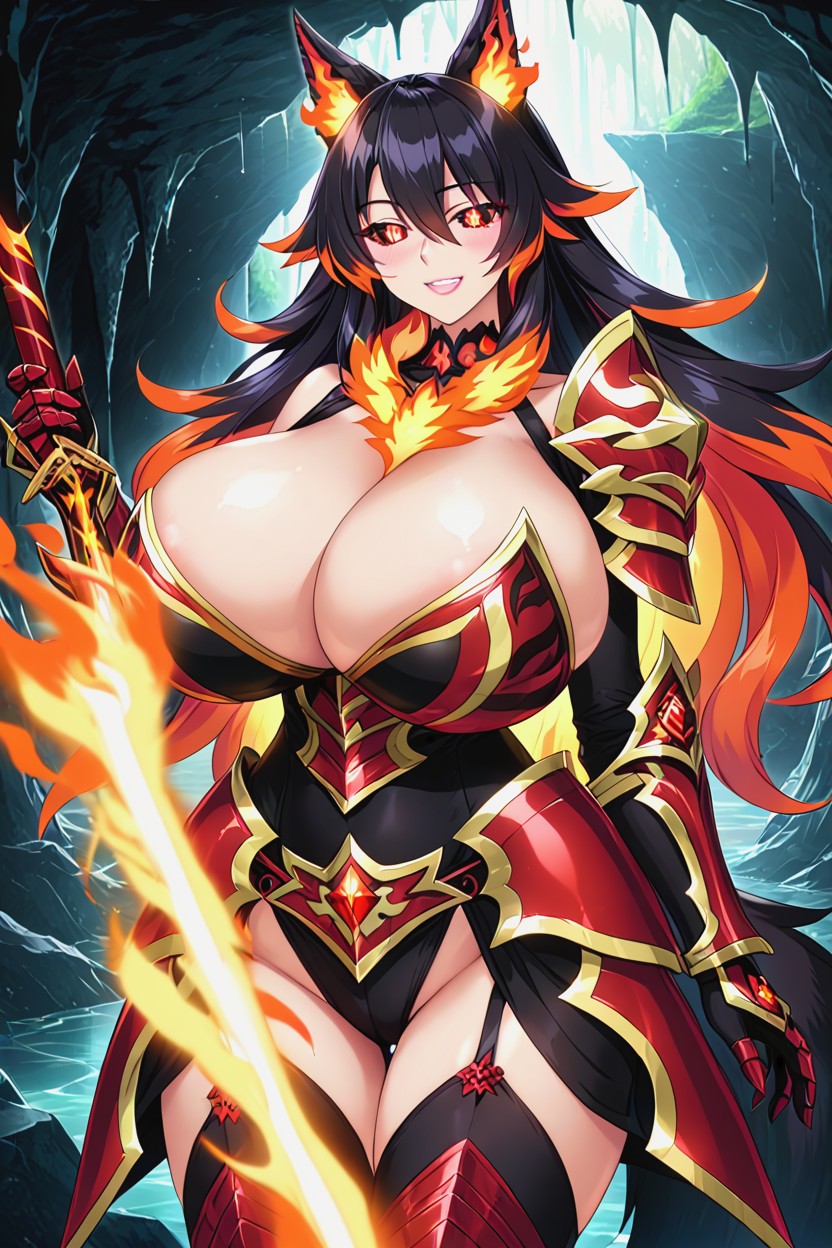 Fiery Leg Armor, Holding Fiery Sword, Fluffy Tail Hentai AI Porn