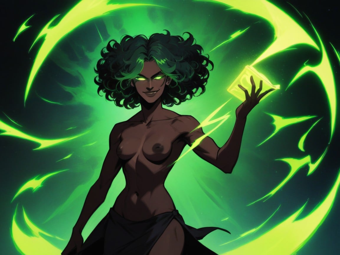 Green Hair, Glowing Neon Green Spellbook As Primary Light Source, Brown Lipstick AI Porn
