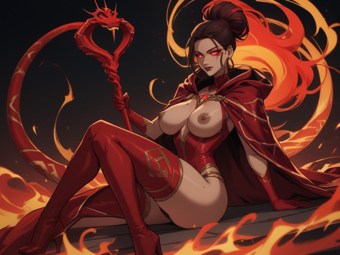 Red Sharp Eyeliner, Red Snake Print Cape, 1 Person Latina AI Porn