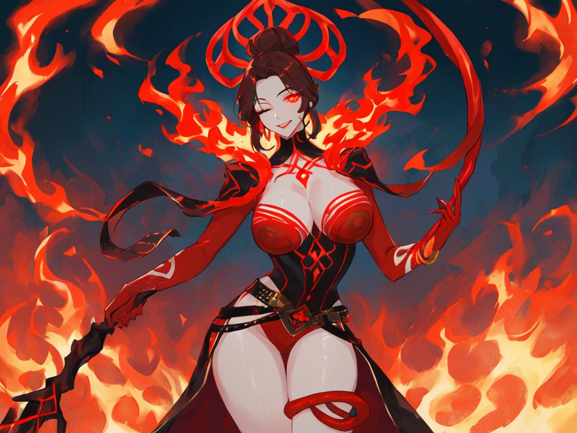 Bokeh, Neon Red Silhouette, Long Breast Width Hentai AI Porn