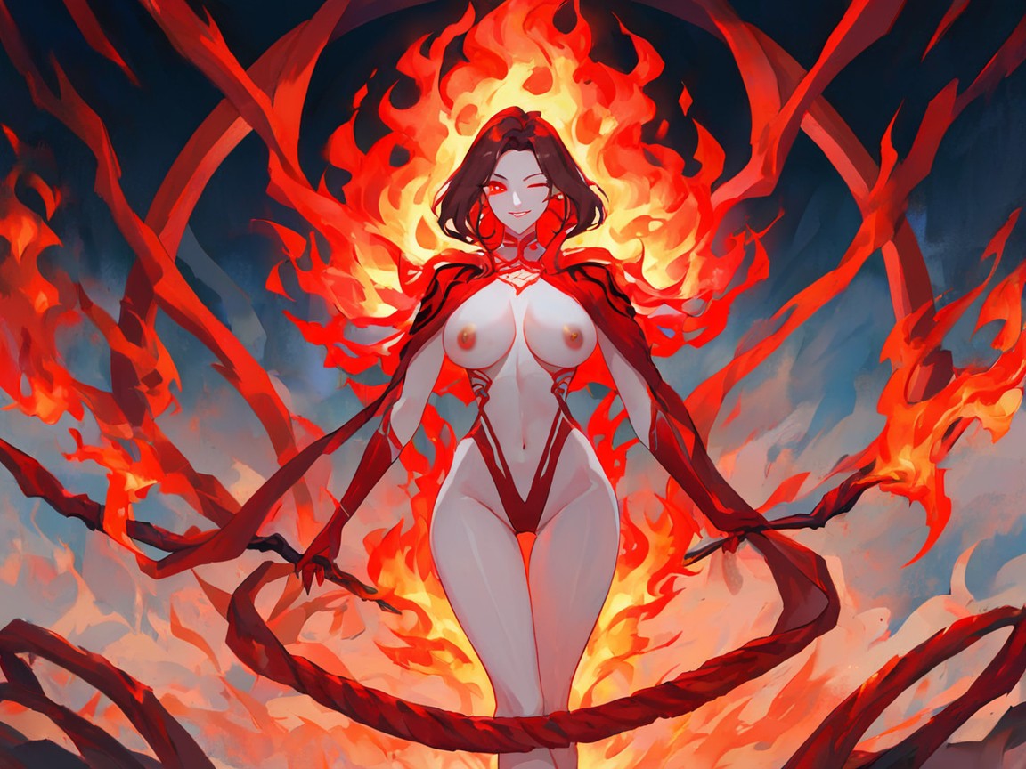 Focus On Staff, Red Marble Floor, Red Snake Print Cape Hentai AI Porn
