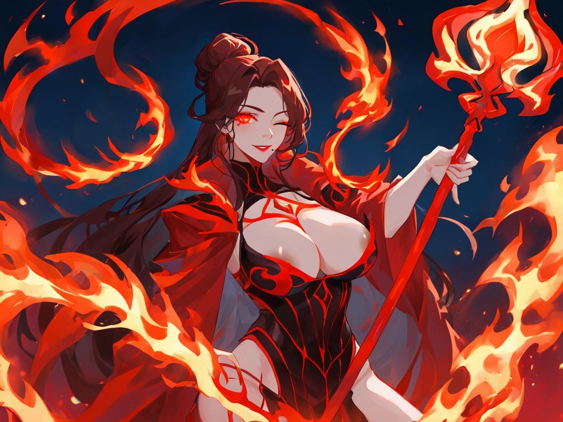 Neon Red Firelight, Red Eyes, Hair Bun Hentai AI Porn
