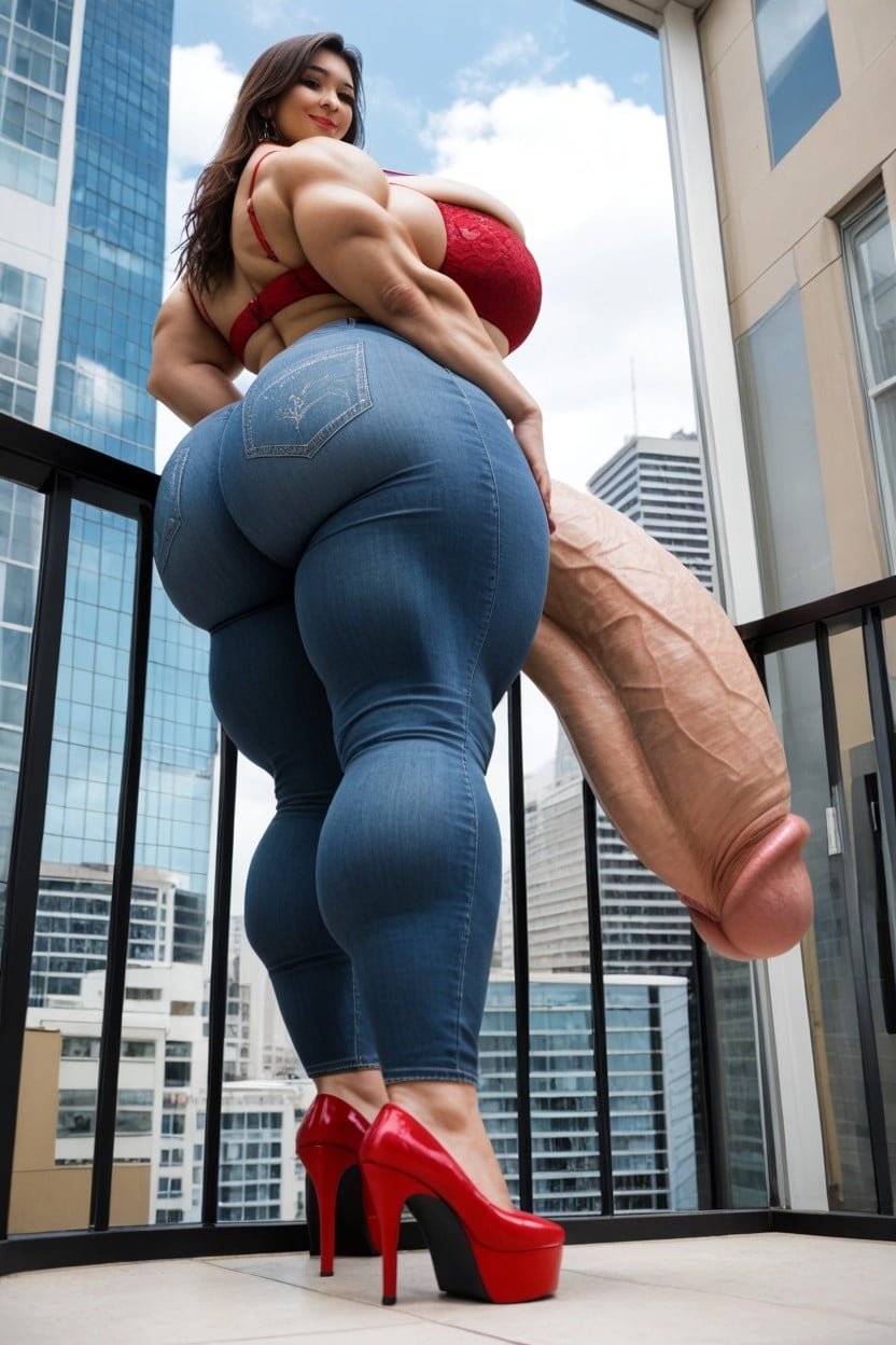 Long Leg, Red High Heels, Massive Huge Erect Hyper Cock Shemale AI Porn