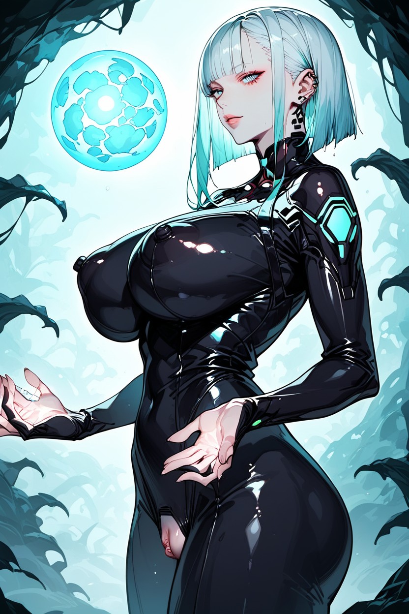 Shimmering Reflections On Wet Cave Floor, Pulled Open To Expose Breasts, Futuristic Black Bodysuit Hentai AI Porn