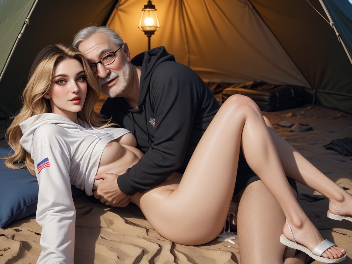 Old Man Leaning On Her Stomach, Knees Up, Looking Back AI Porn
