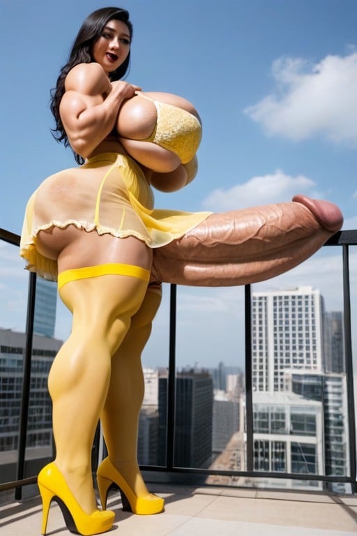 Huge Erect Cock, Yellow Heels, Thick Cock Shemale AI Porn