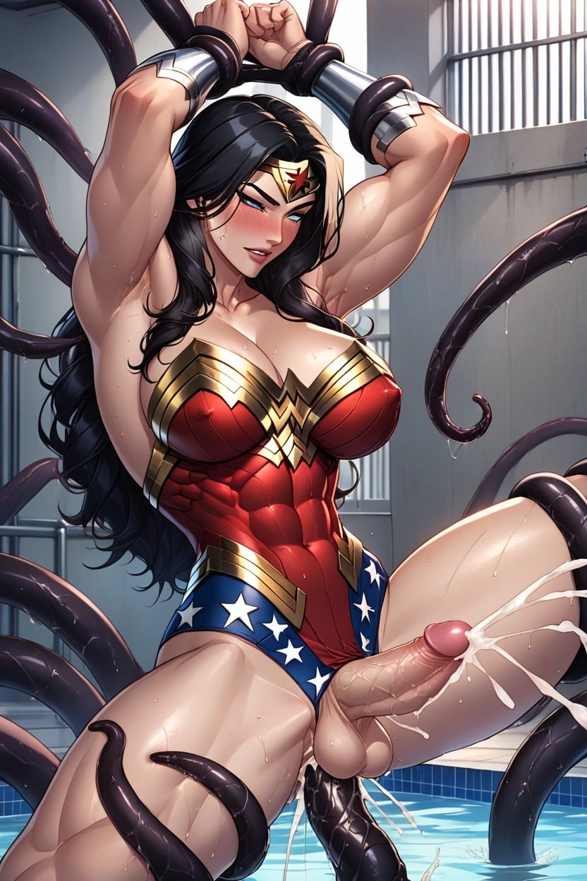 Futanari, Wonder Woman Costume, Black Tentacles Suspend Her In The Air AI Porn
