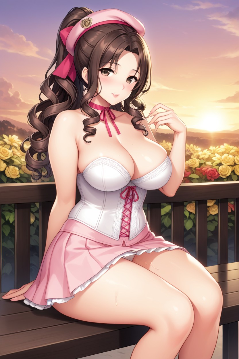 Pink An White Corset Skirt, Pink Choker, Ponytail Hentai AI Porn