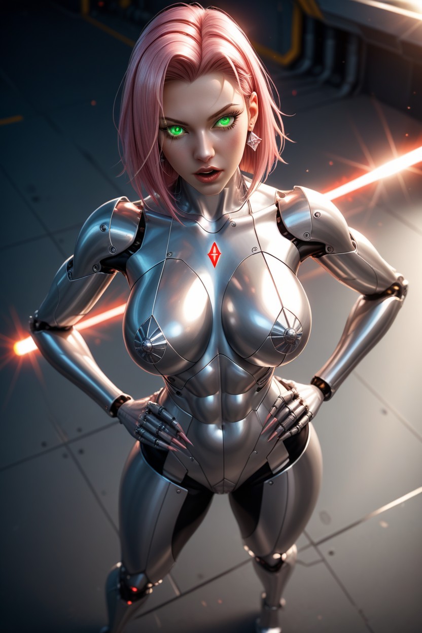 Pink Hair, Hands On Hips, Green Eyes AI Porn
