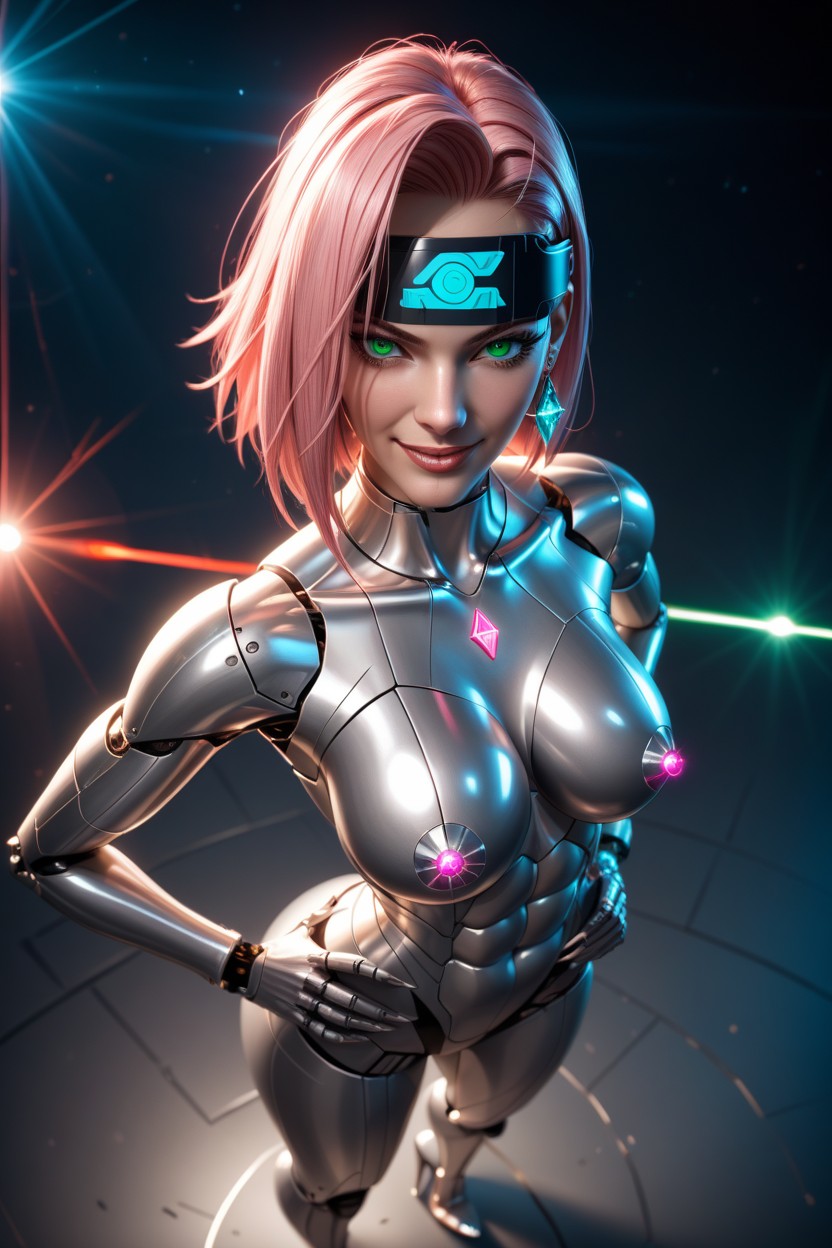 Smooth Metallic Penis Attached With Metallic Pointy Tip, Smug Expression, Pink Hair AI Porn