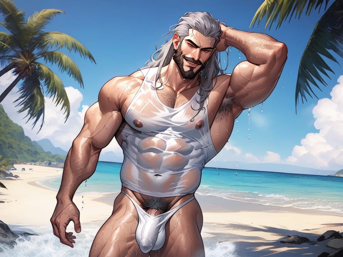 Fit Hairy Sexy Dilf, Thick Beard, Seductive AI Gay Porn