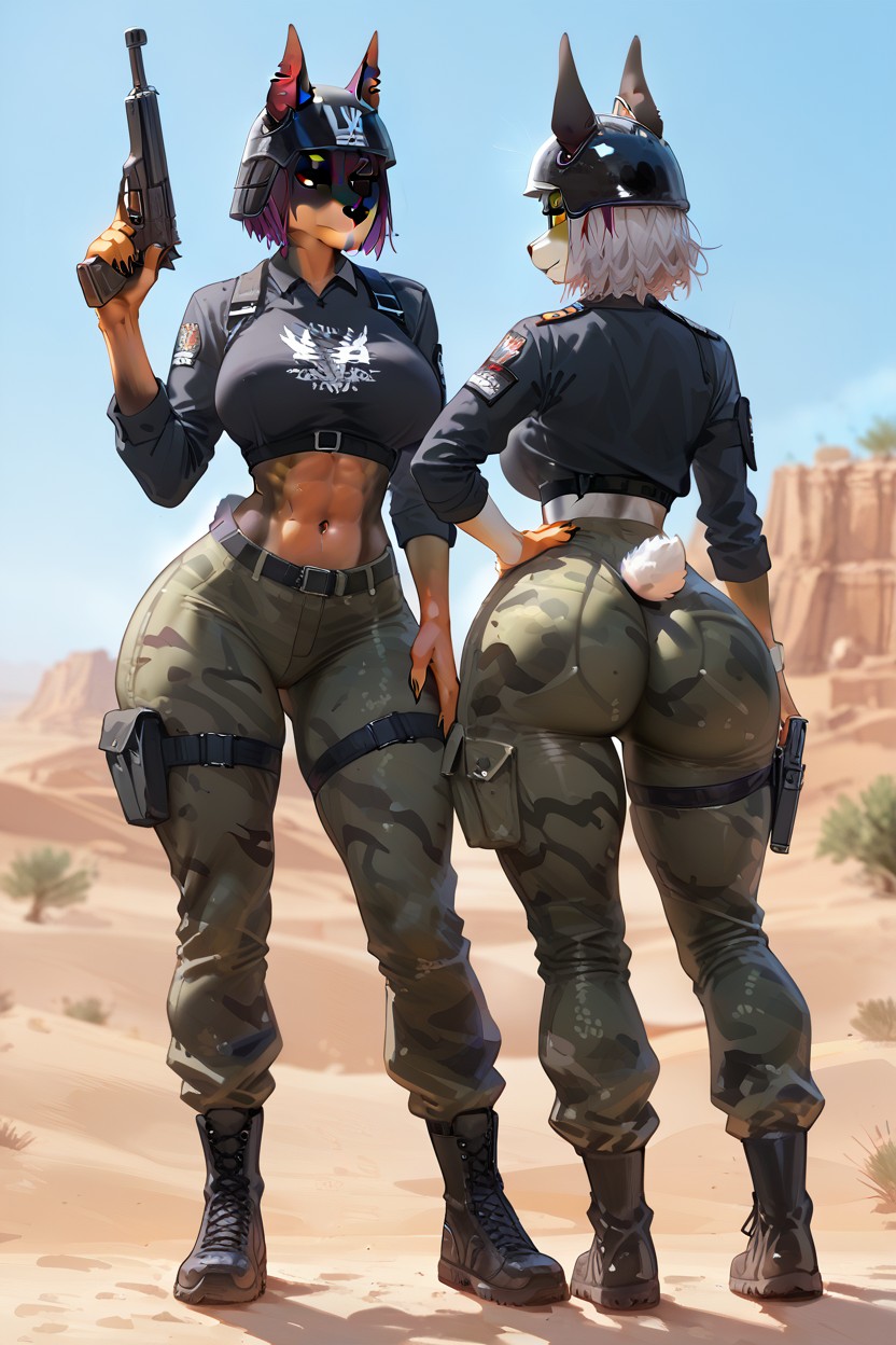 Spiky And Messy Hot Silver Hair, Full Body Armor, Tight Camouflage Military Shirt 퍼리 AI 포르노