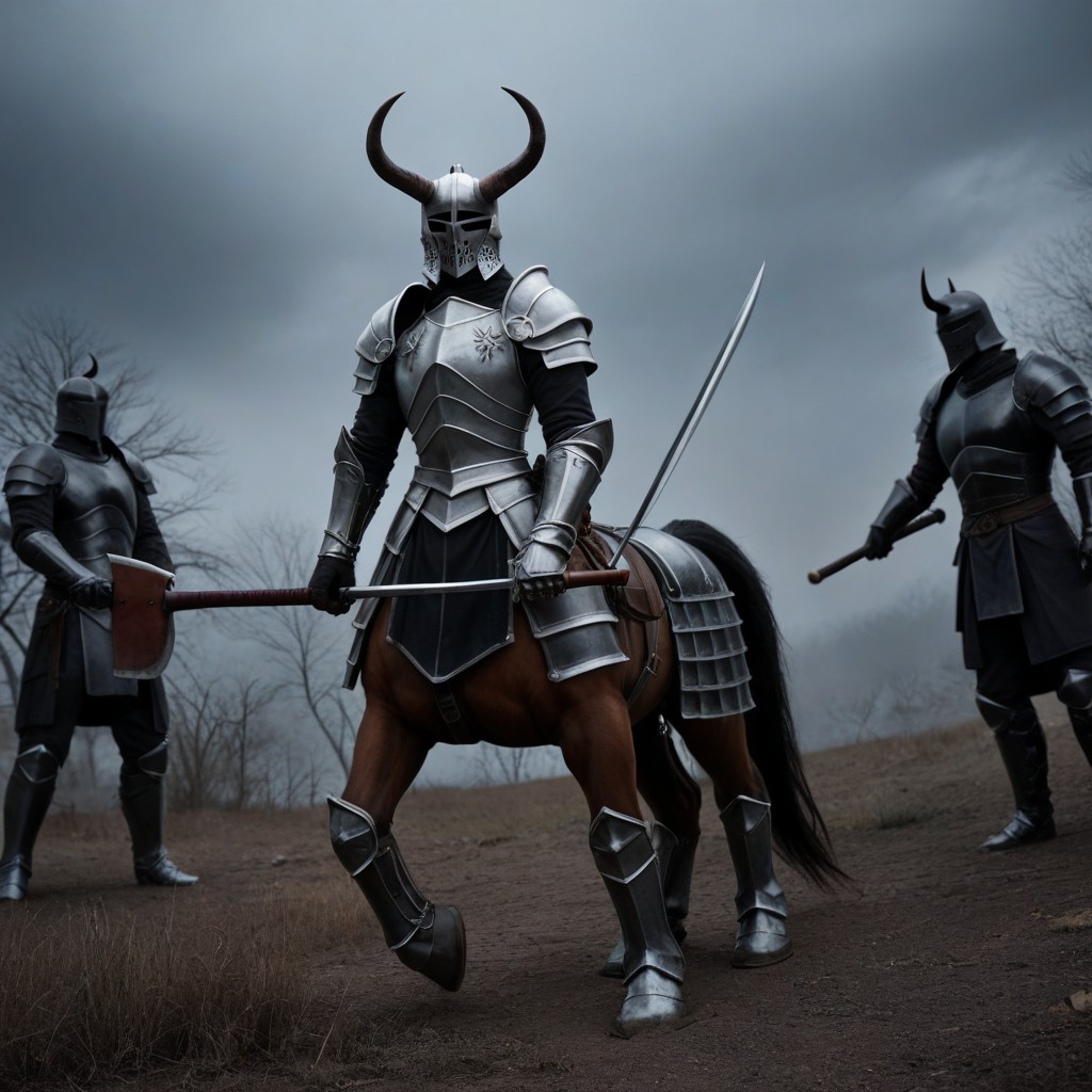 Clad In Dark Armor With Prominent Spikes And Horns, Riding On Armored, Night AI Porn