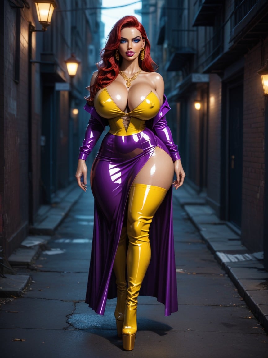 Purple Transparent Latex Dress, Neon, Mistress Walking AI Porn