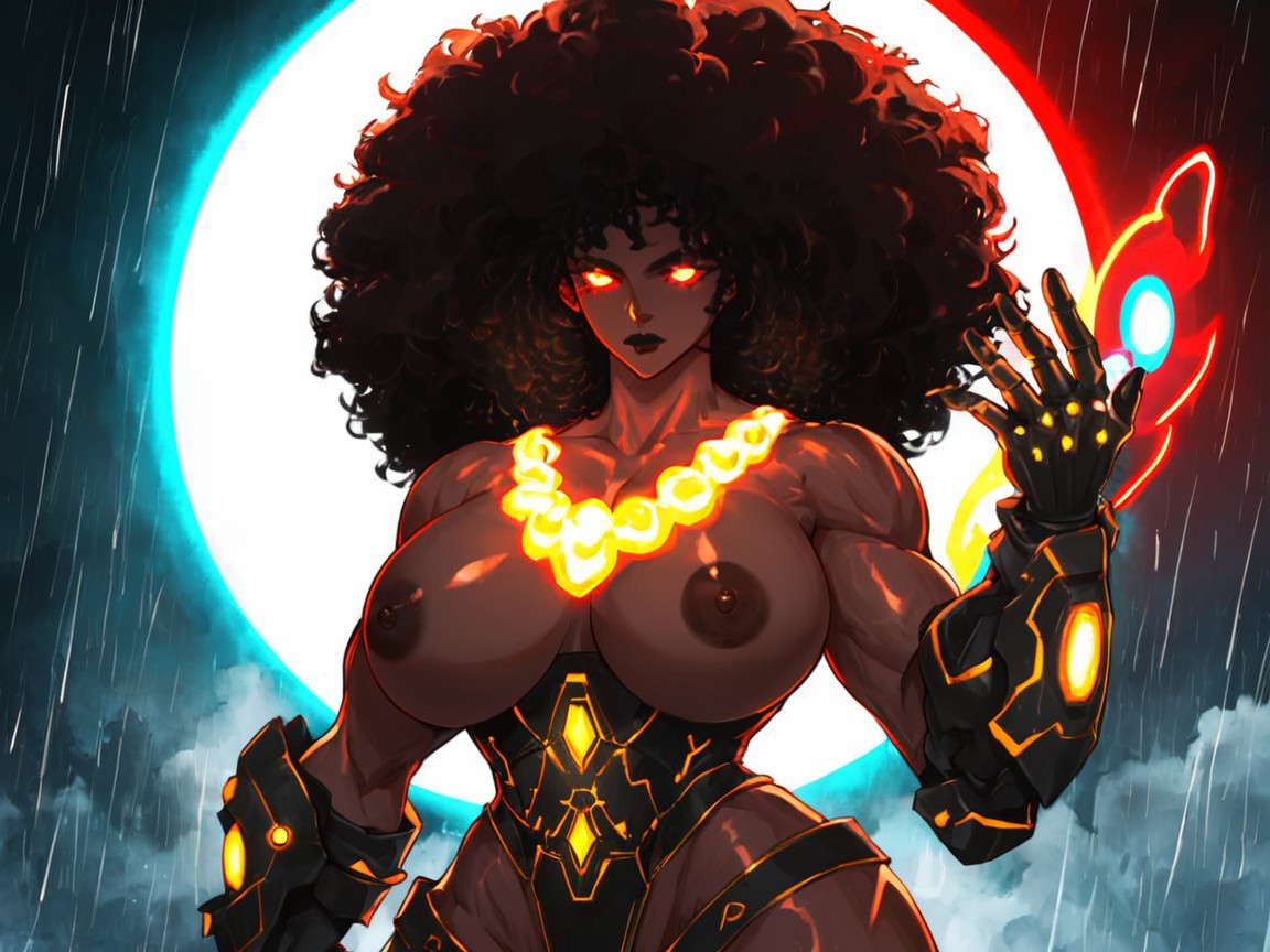 Powerful Nude Woman With Glowing Bracer On Forearm, Afro, Muscular Hentai AI Porn