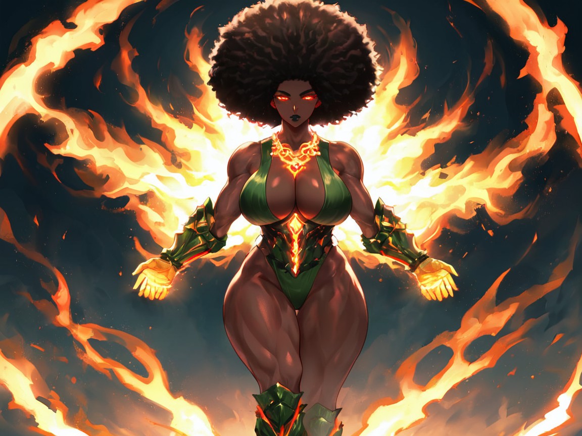 High Contrast Colors, Wearing Camouflage Waist Wrap, Powerful Nude Woman With Glowing Bracer On Forearm Hentai AI Porn