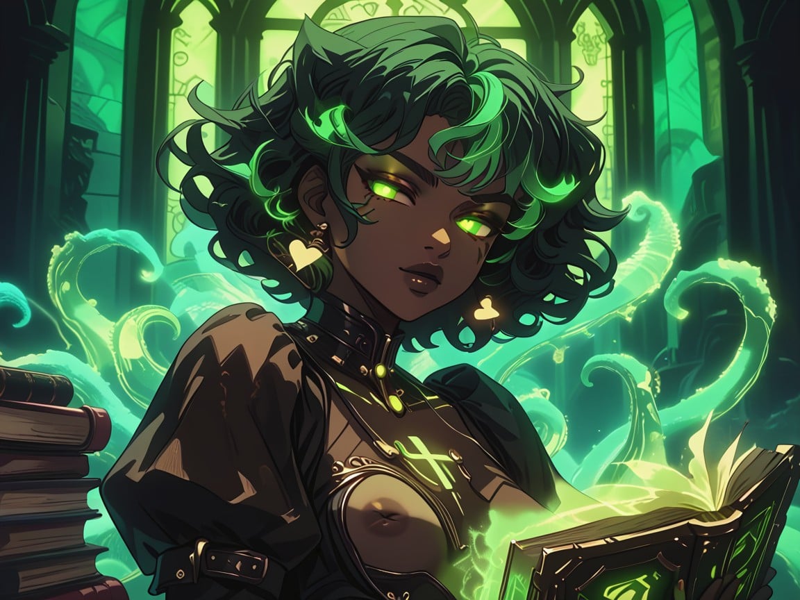 Noir, Neon Green Silhouette, Robe Fallen To Her Waist AI Porn