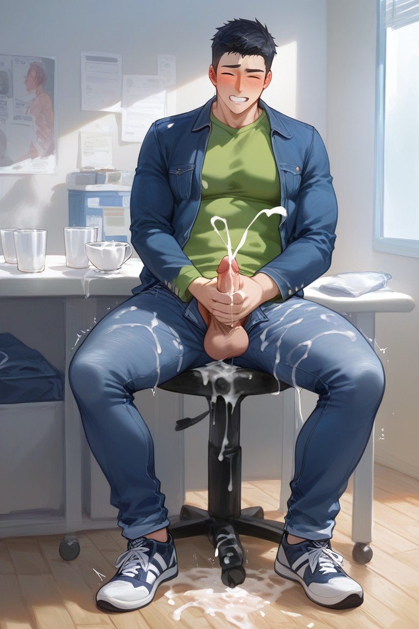 Embarrassed, Filling Specimen Cup With Cum, Donating Sperm AI Gay Porn