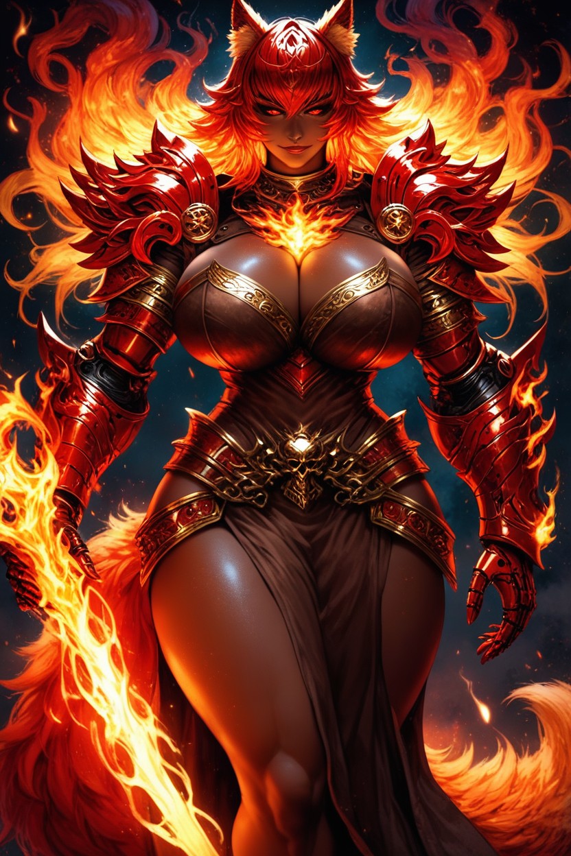 Holding Fiery Sword, Long Hair, Fiery Leg Armor Hentai AI Porn