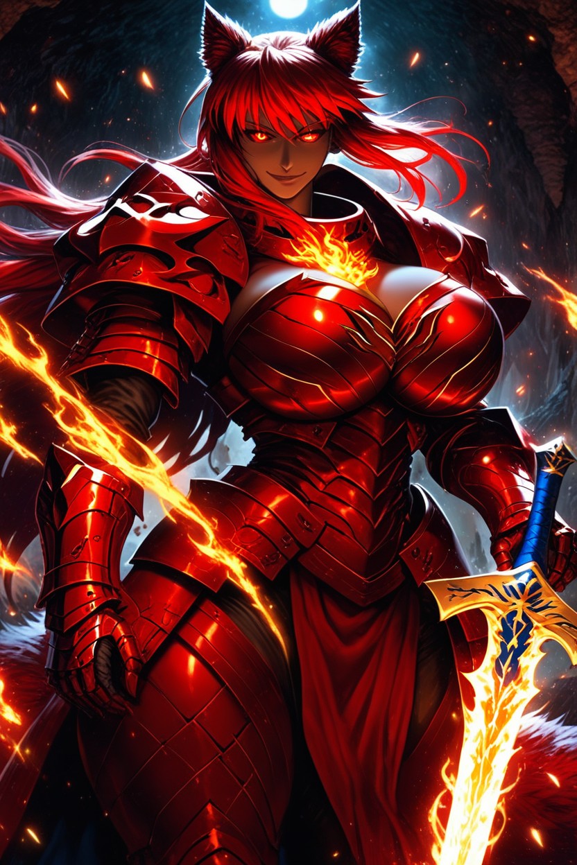 Cozy Cave, Fiery Leg Armor, Glowing Eyes Hentai AI Porn