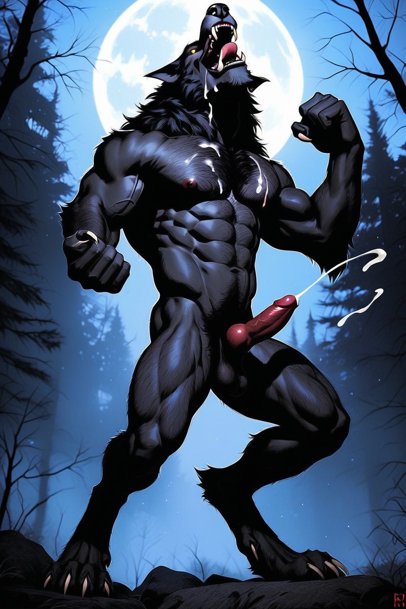 A Highly Detailed Photorealistic Drawing Werewolf, Broad Shoulders, Cum Shot AI Gay Porn