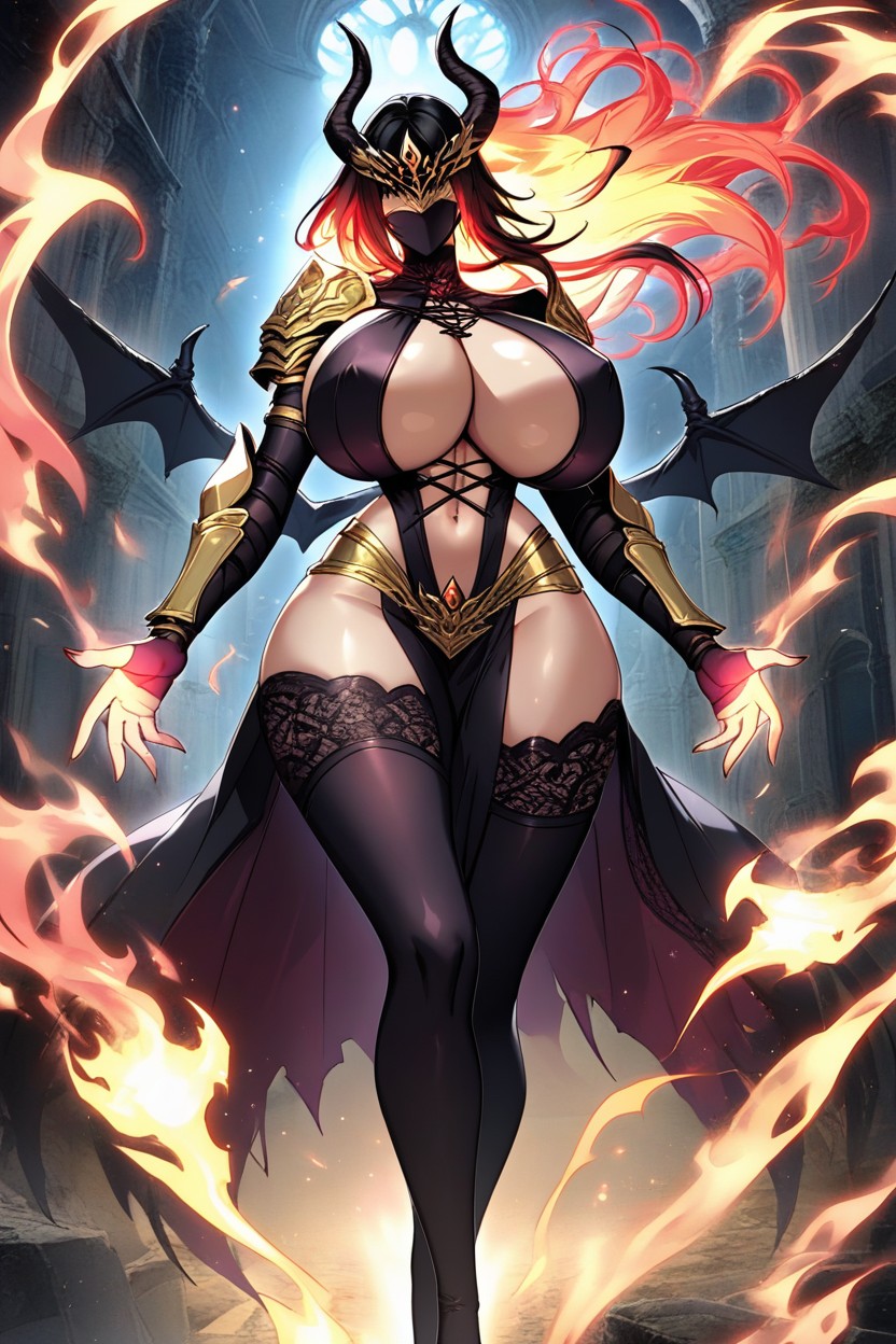 Leaning Foward, Black Eye Sockets, Black Mask With Red Fiery Design Over Eyes Ebony AI Porn