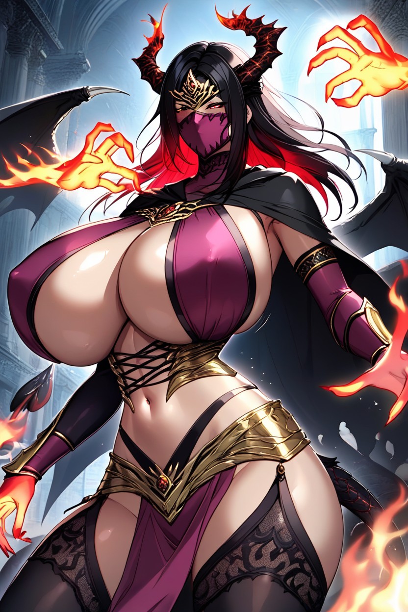 Voluptuous, Gold Armor Gauntlets With Neon Red Reverse Swords, Fiery Hair Ebony AI Porn