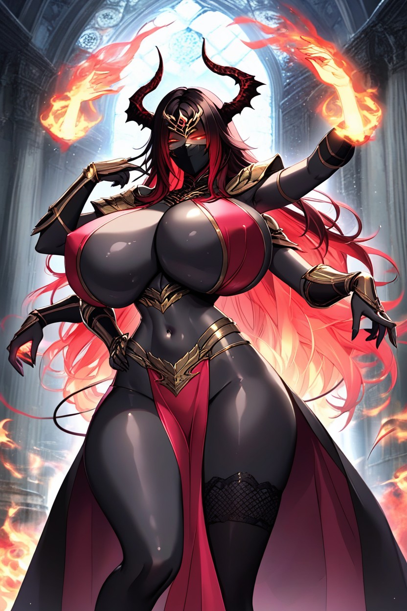 Huge Gold Tiara With Colossal Red Jewel, Left Arm Swiping Down, Tight Dark Red Silk Turtleneck Ebony AI Porn