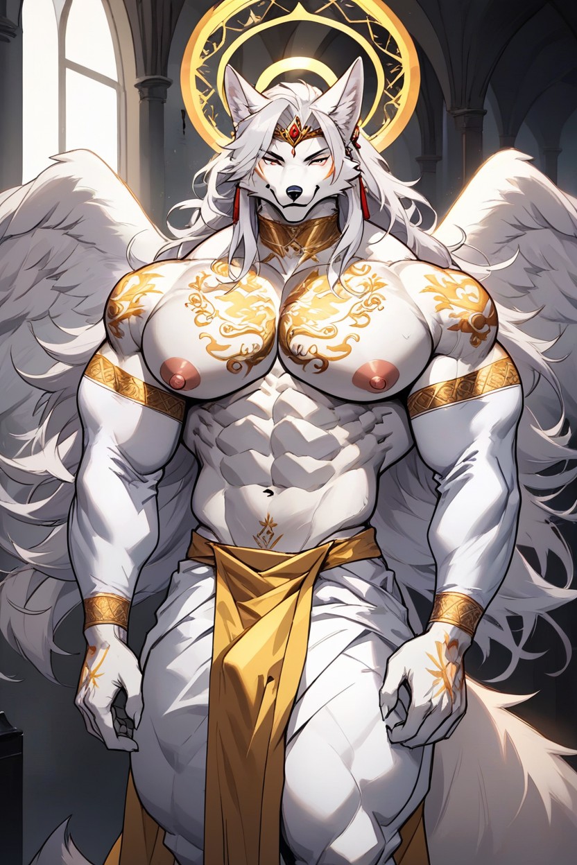 Hyper Pectorals, Body Type, Large Oversized Puffy White Detached Sleeves 퍼리 AI 포르노