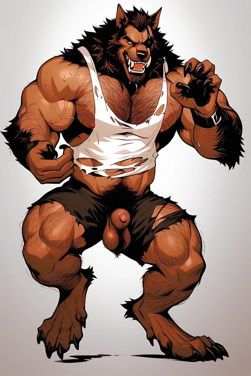 Exposing His Furry Sheath And Balls, The Image Of The Werewolf Is Of The Highest Quality And Detail, Artwork Quality AI Gay Porn
