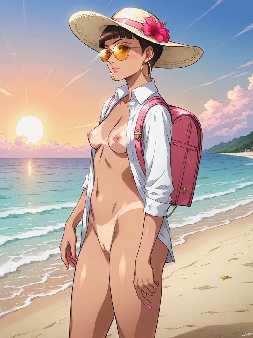 French Woman, Thigh Gap, Round Gold Sunglasses Hentai IA