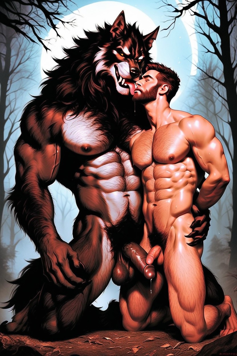 Werewolf Large Hair Covered Chest Muscles, Werewolf Sweating, The Werewolf Has A Hairy Wolflike Body AI Gay Porn