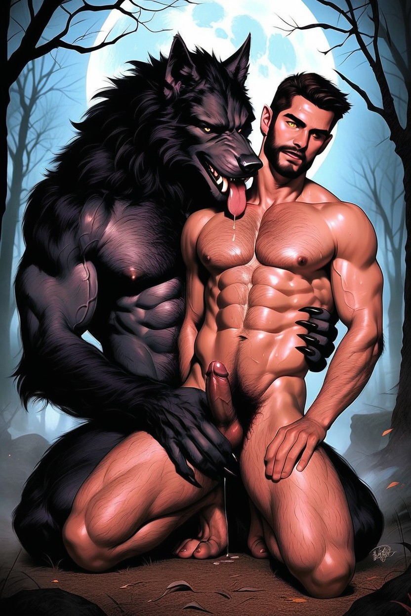 The Werewolf Has A Hairy Wolflike Body, Werewolf Large Hair Covered Chest Muscles, Balls Are Dangling Between His Legs AI Gay Porn