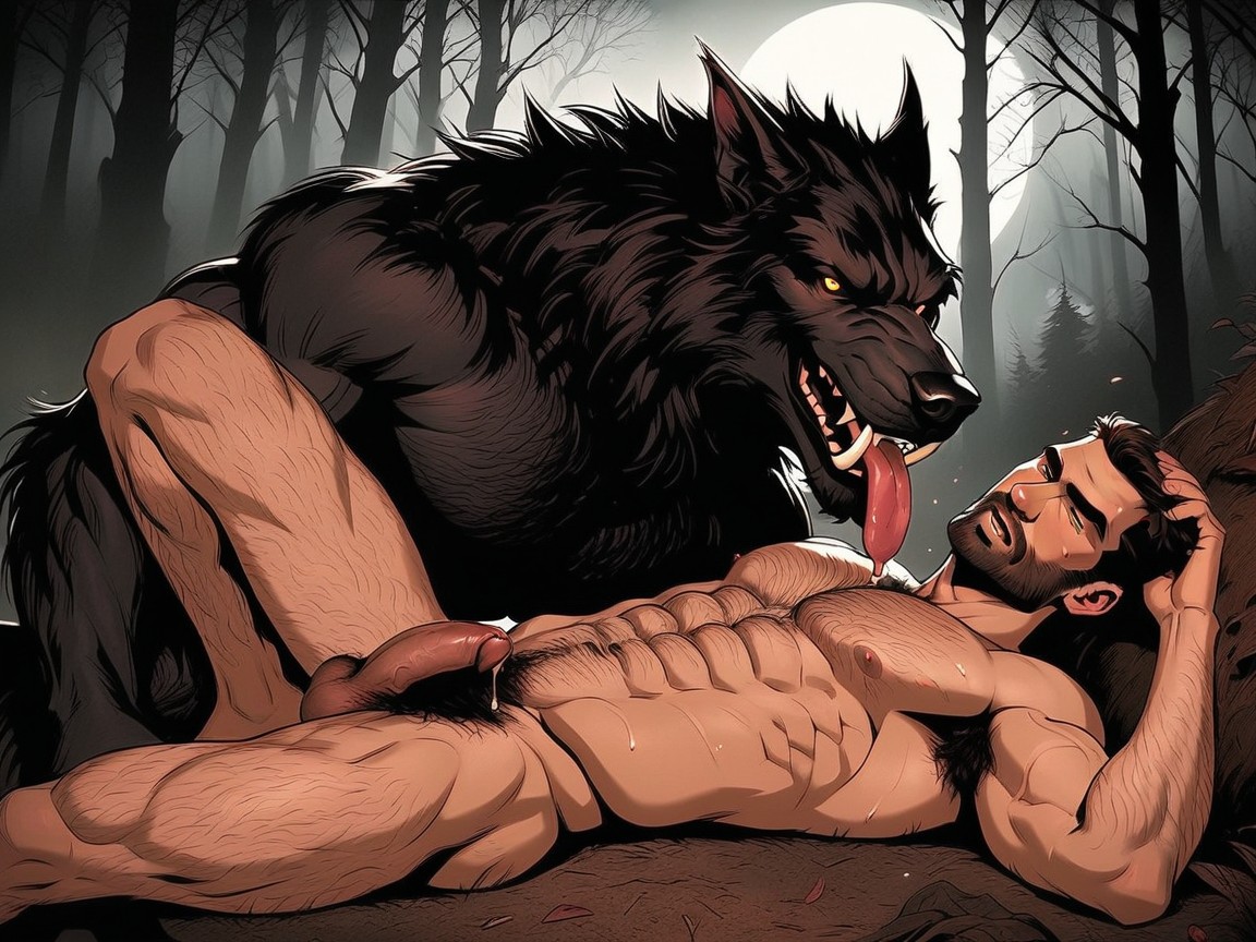 Werewolf Has Hairy Muscular Digitigrade Legs, The Werewolf's Yellow Eyes Are Wide Open With Excitement, 2 Personnes Porno IA Gay