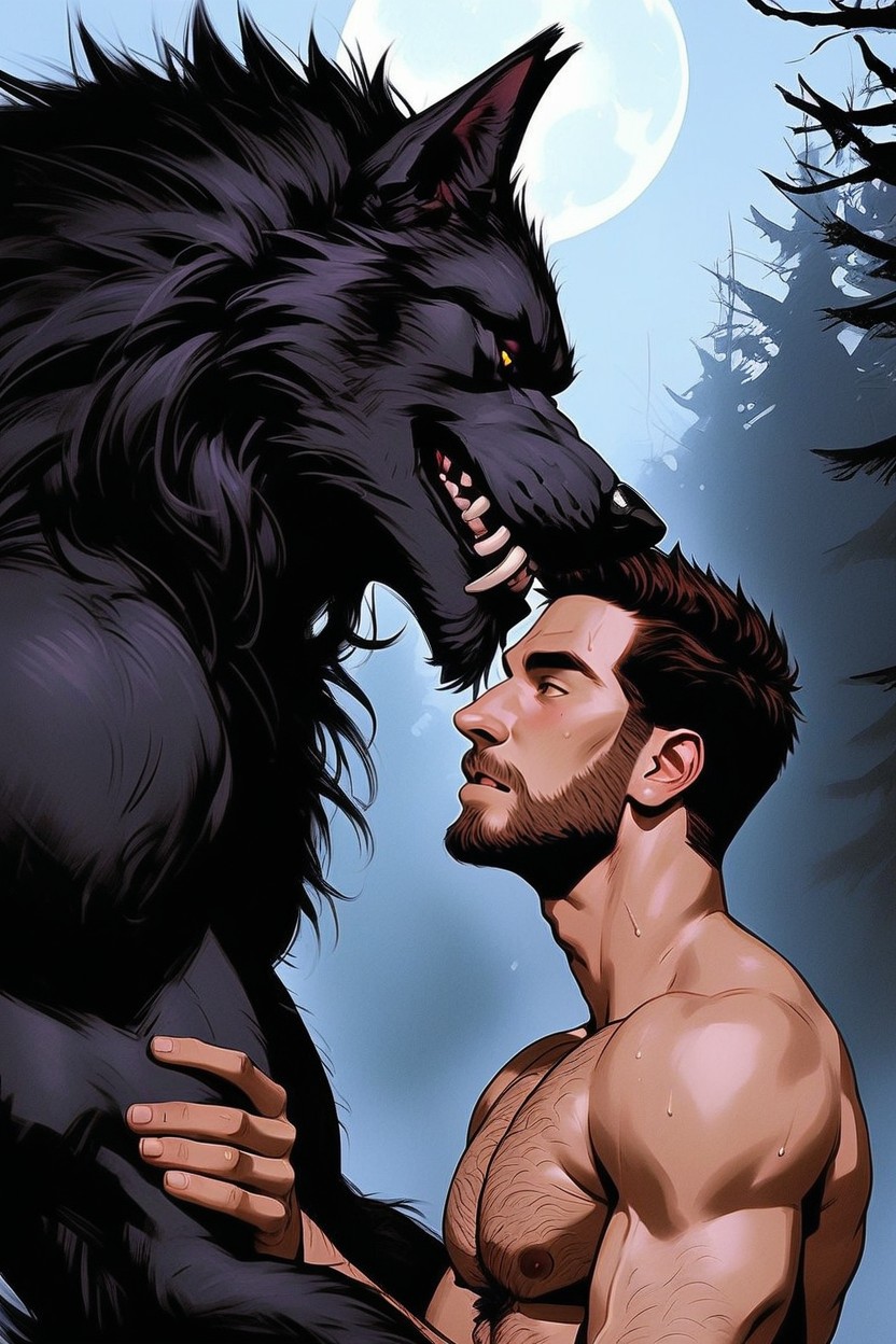 Werewolf Has Hairy Muscular Digitigrade Legs, Side View, 18+ AI Gay Porn