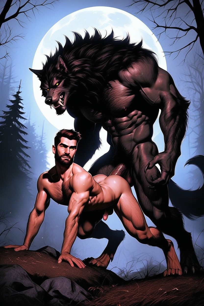 18+, Massive Muscular Werewolf Large Hair Covered Chest Muscles, Balls Are Dangling Between His Legs Porno IA Gay