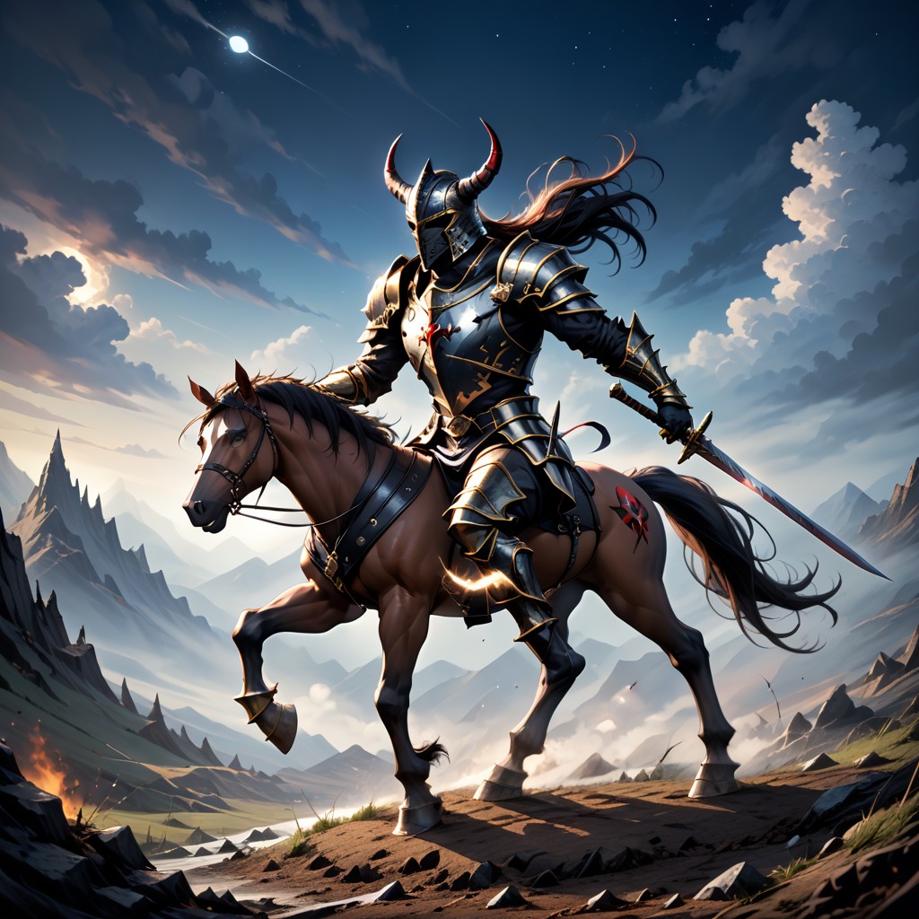 Dirt Terrain Background, Riding A Black Armored Warhorse With Red Ornaments, Night AI Porn