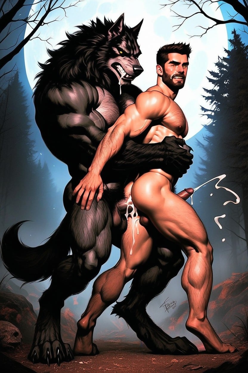 Werewolf Has Hairy Muscular Digitigrade Legs, Mouth Agape, The Werewolfs Body Is Wolflike Highly Convincing And High Details AI Gay Porn