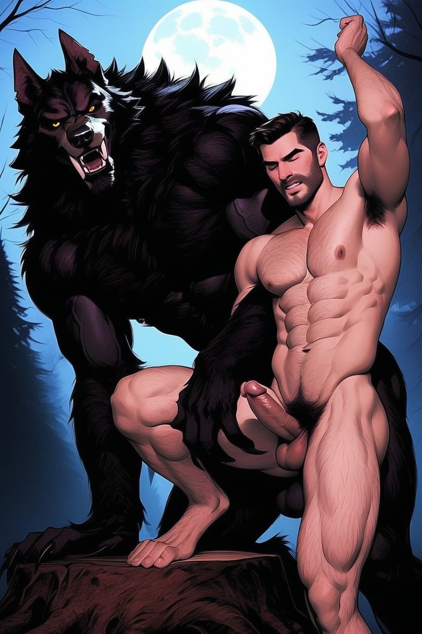 Balls Deep, The Werewolfs Naked Body On Full Display, A Monstrous Hairy Wolflike Werewolf AI Gay Porn