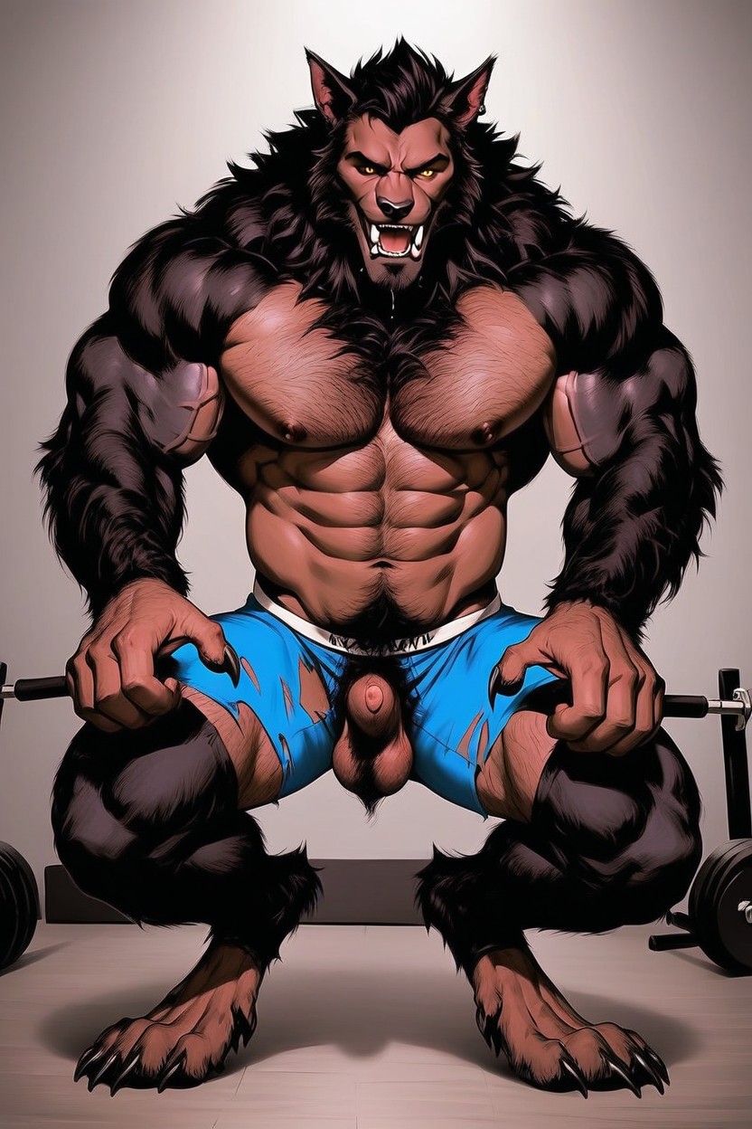 Muscles, Hairy Digitigrade Legs, Paw Feet Bursting Out Of Black Gym Shoes AI Gay Porn