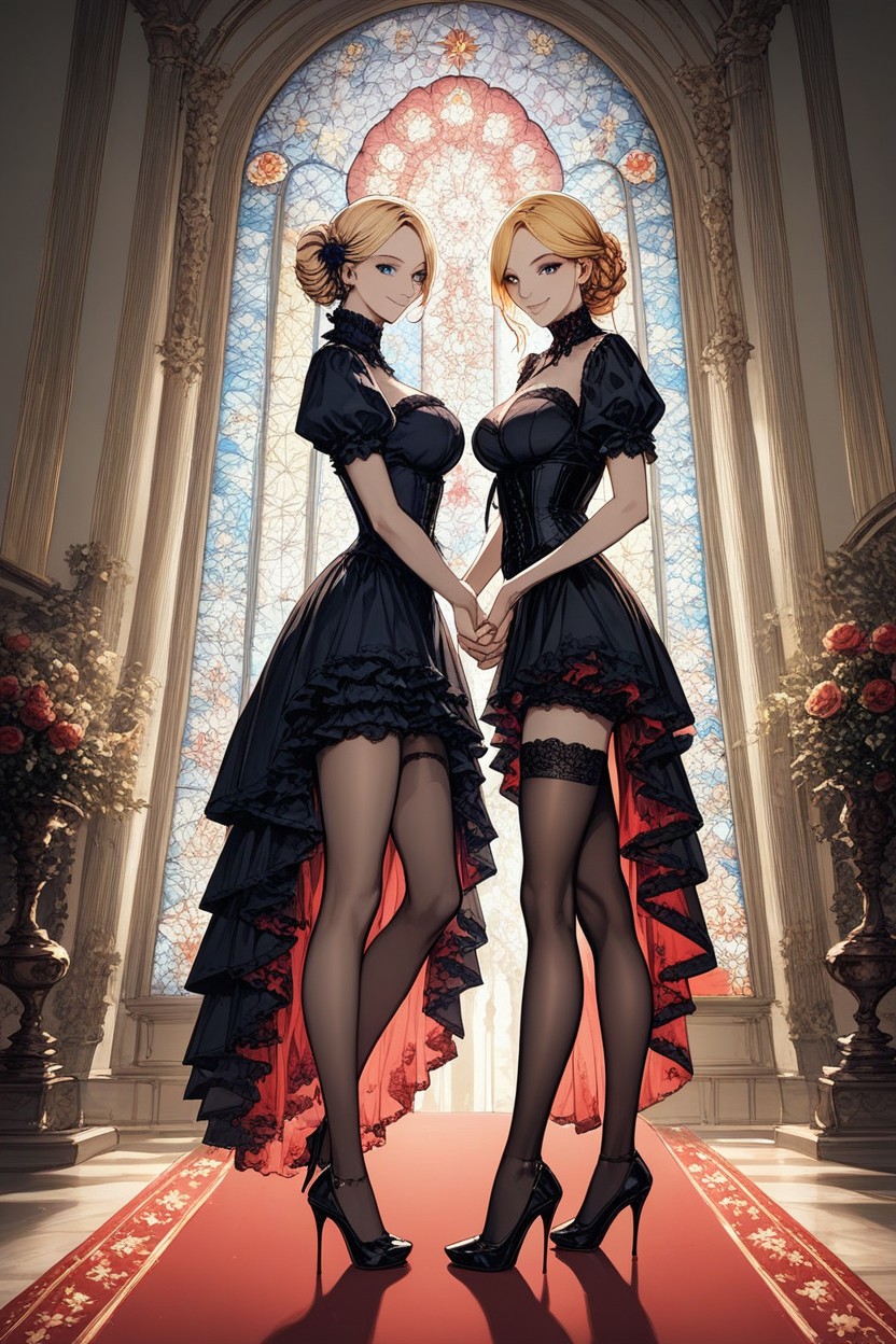 Large Colorful Stained Glass Windows, Mid Swept Bangs, Standing AI Porn