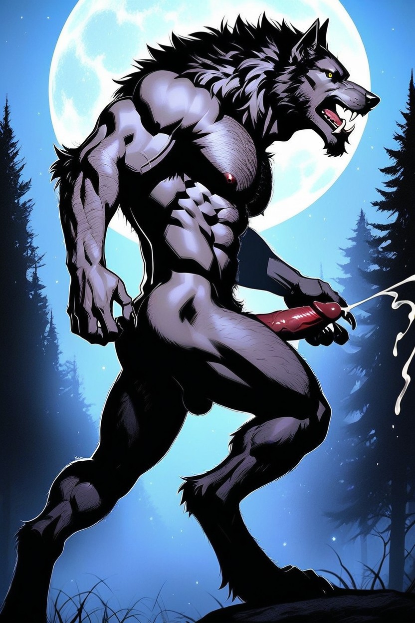 Cumshot, The Werewolfs Red Penis Is Emerging From Its Hairy Sheath, The Werewolf Is Covered In Grey Fur AI Gay Porn